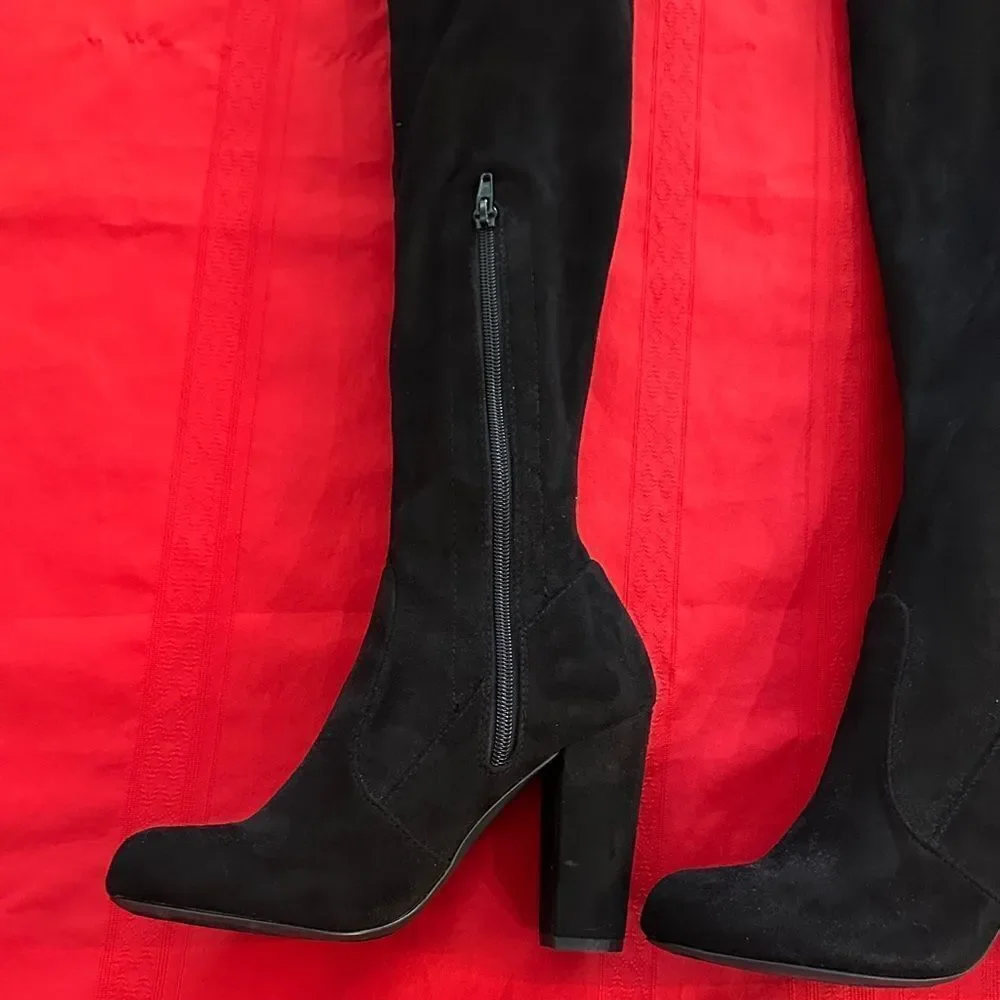 Olivia Ferguson Chic Black Suede Over the Knee Tie/Zip Boots Size 7.5